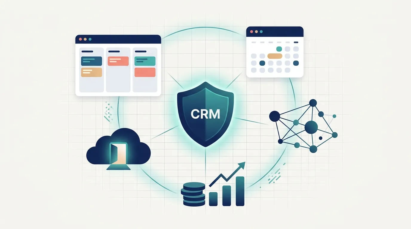 איור קונספטואלי של מגן מרכזי המסמל CRM, מוקף בחמישה אייקונים מופשטים המייצגים כלי ניהול: לוח קנבן, פורטל לקוחות, ערימת מטבעות ותרשים פיננסי, רשת נתונים ויומן. כלים אלו מסמלים יעילות ואינטגרציה לעסק קטן.